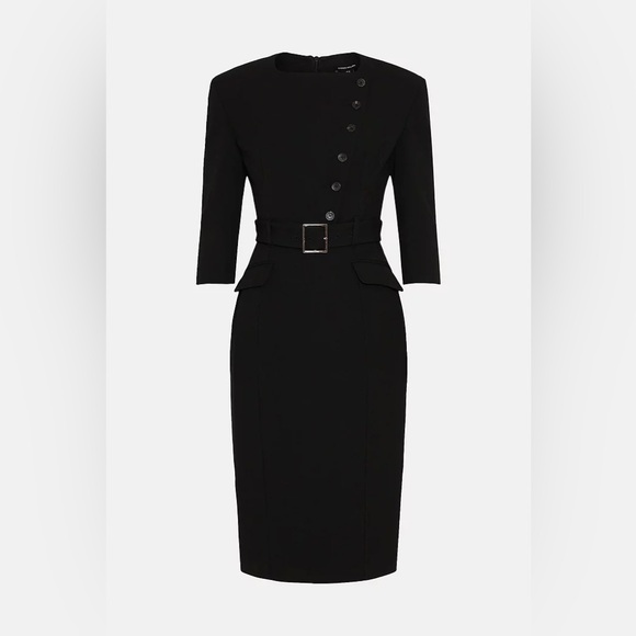 Karen Millen Plus Structured Crepe Strong Shoulder Dress Black 14 - Picture 6 of 11